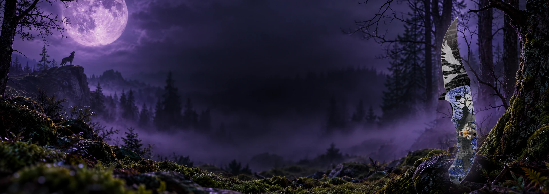 Wolf & Moon knife standing upright in a themed scene