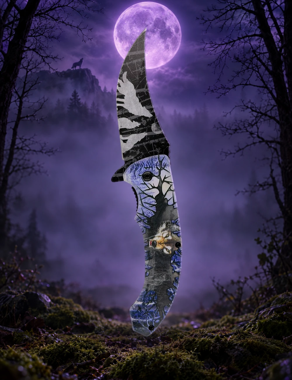 Wolf & Moon knife standing upright in a themed scene
