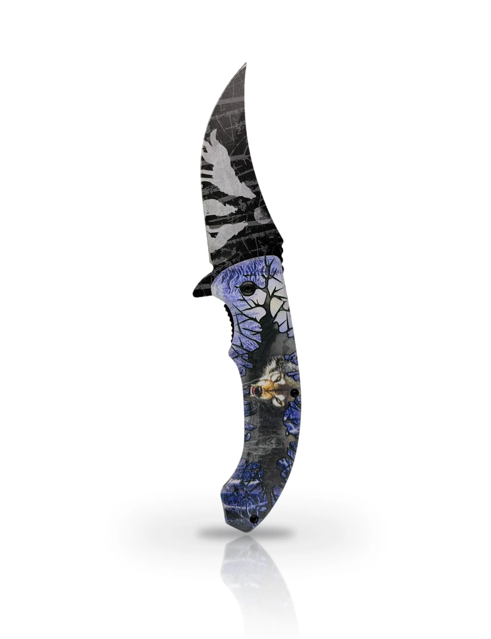Wolf & Moon folding knife standing upright on white with a soft reflection