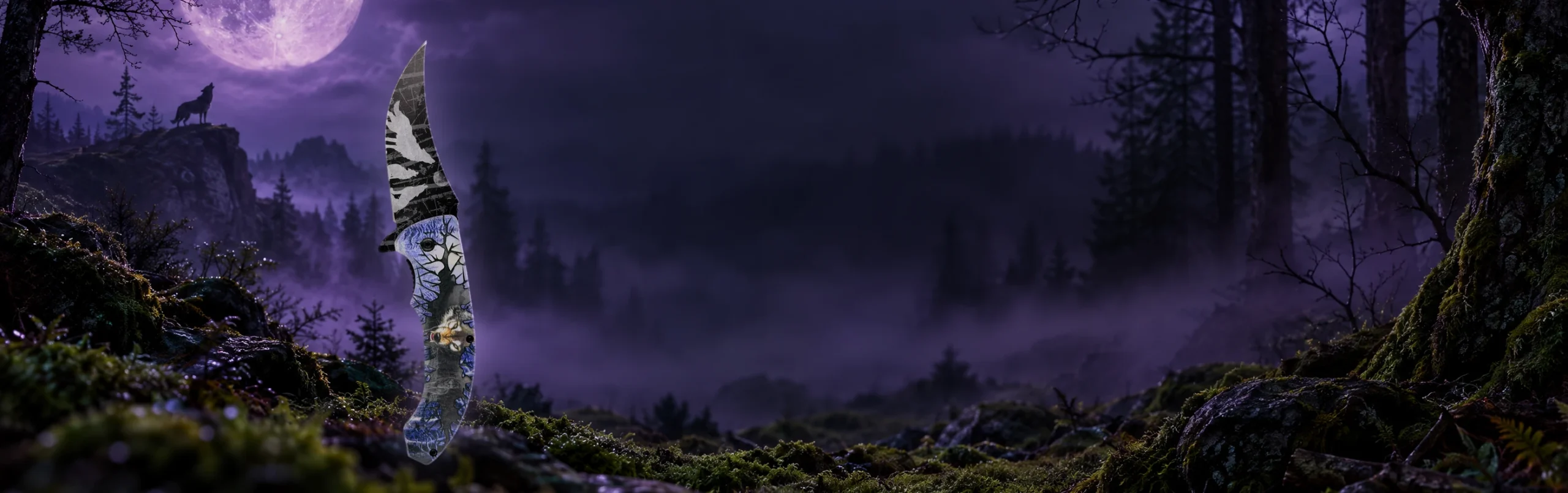 Wolf & Moon knife standing upright in a themed scene