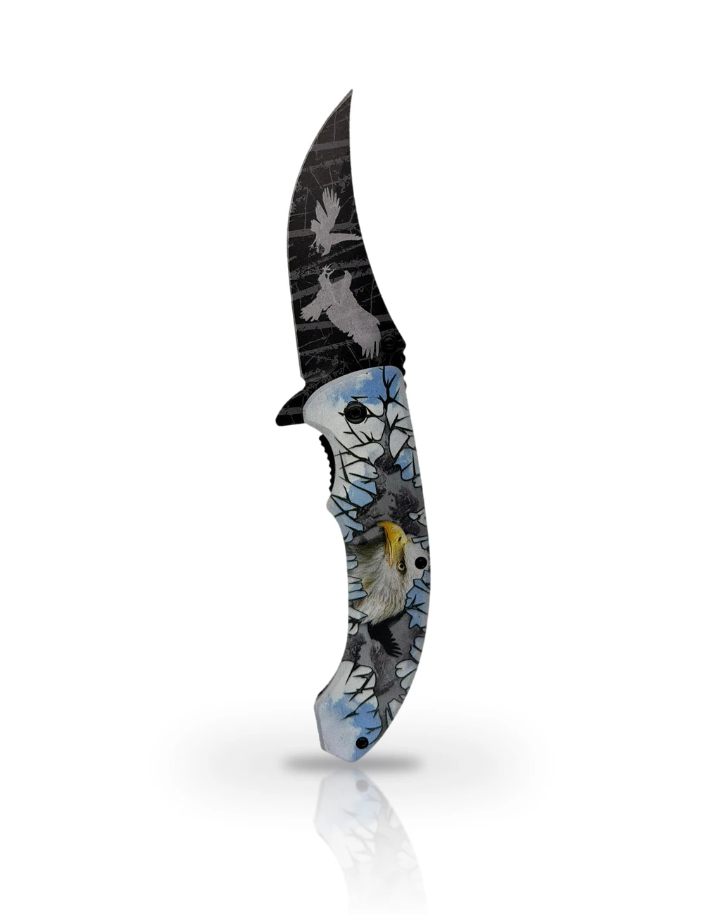 Bald Eagle folding knife standing upright on white with a soft reflection