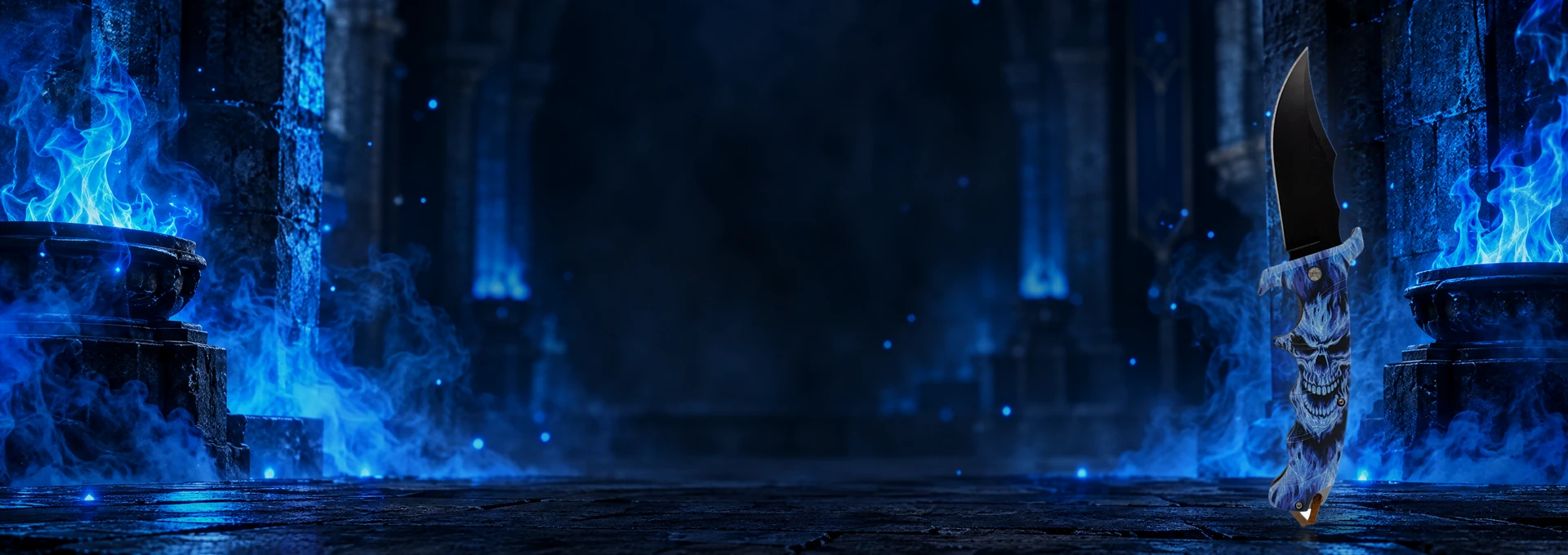 Blue Flame Skull knife standing upright in a themed scene