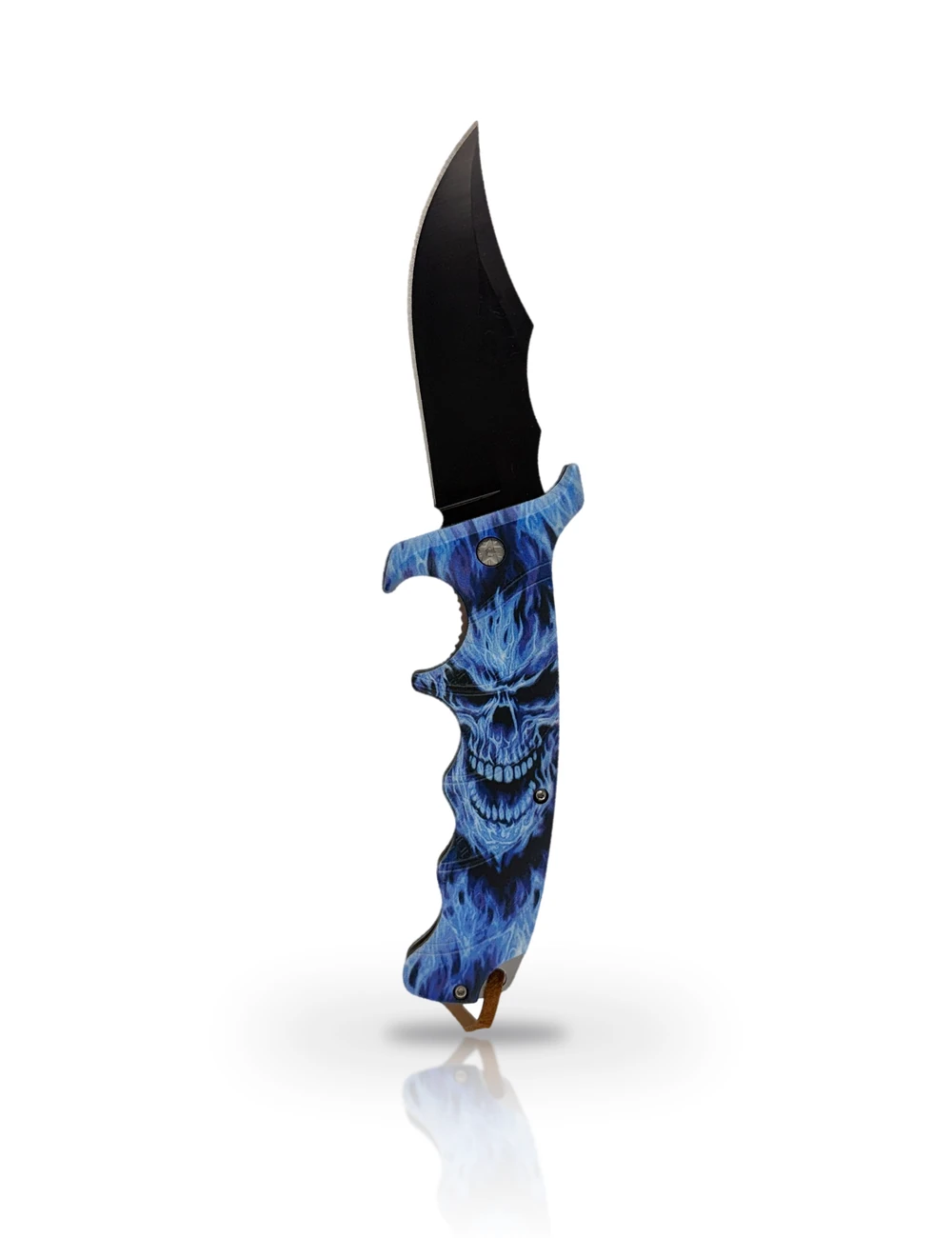 Blue Flame Skull knife standing upright on white with a soft reflection