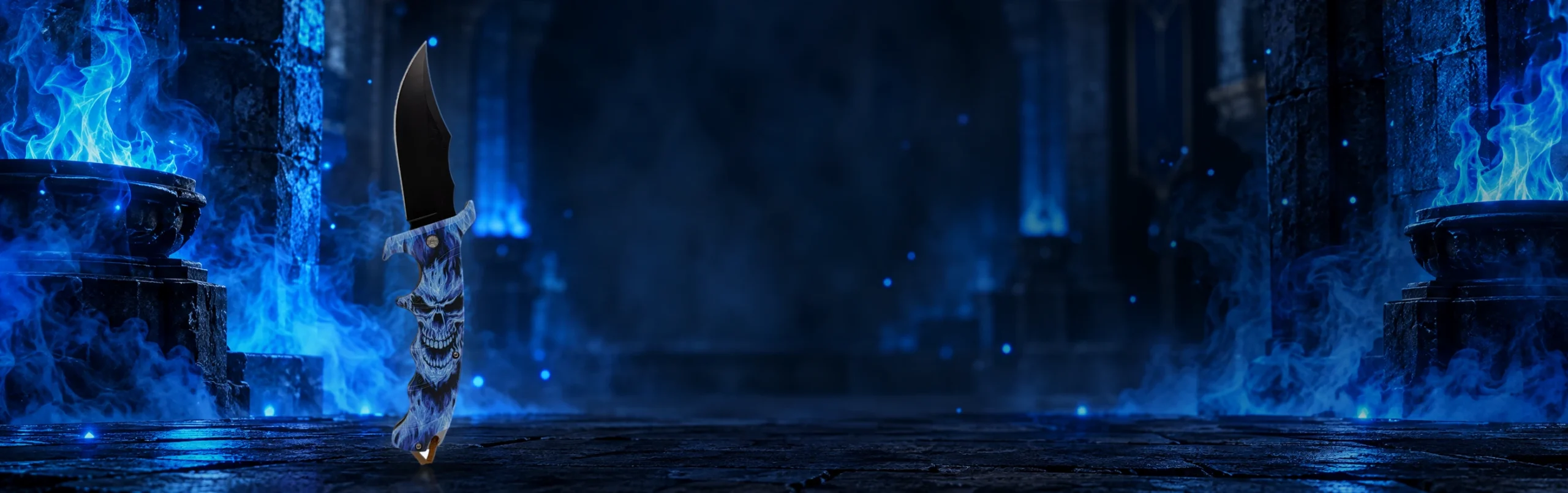 Blue Flame Skull knife standing upright in a themed scene