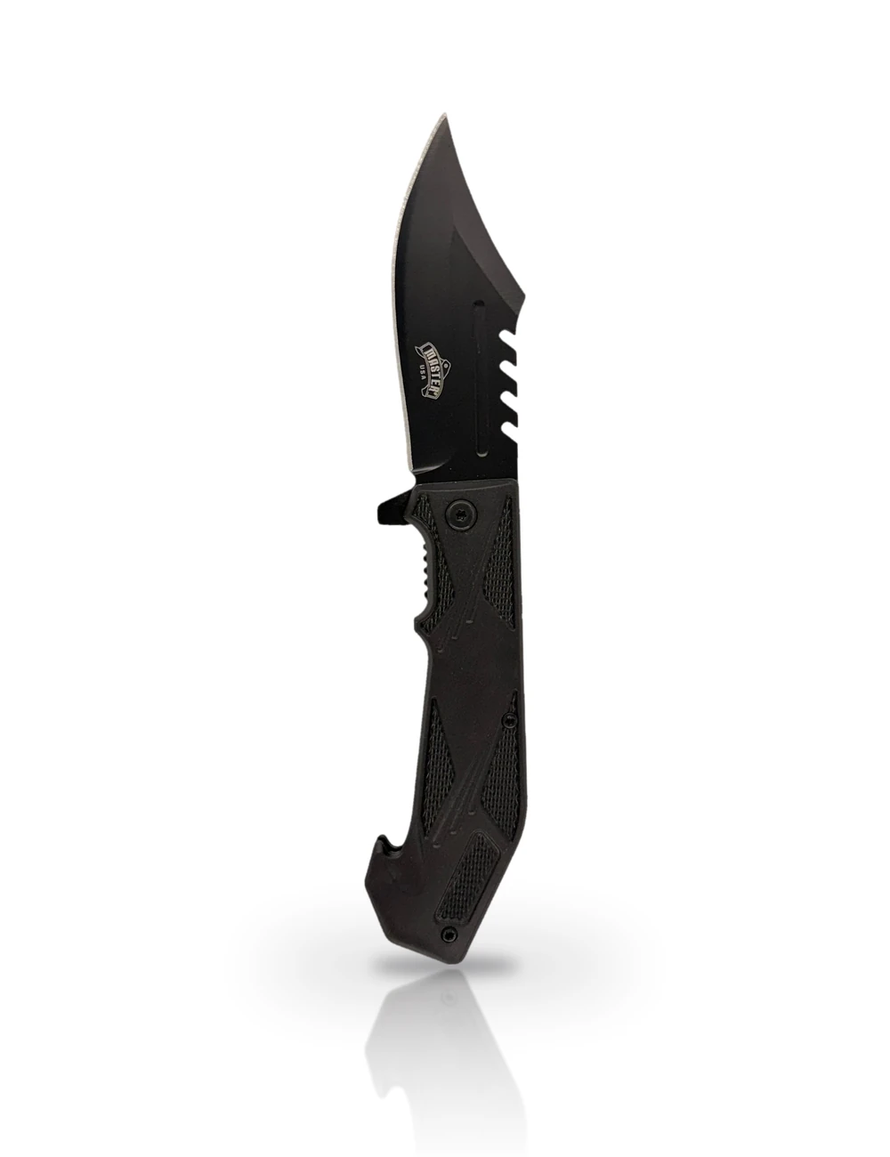 MTech USA folding knife standing upright on white with a soft reflection