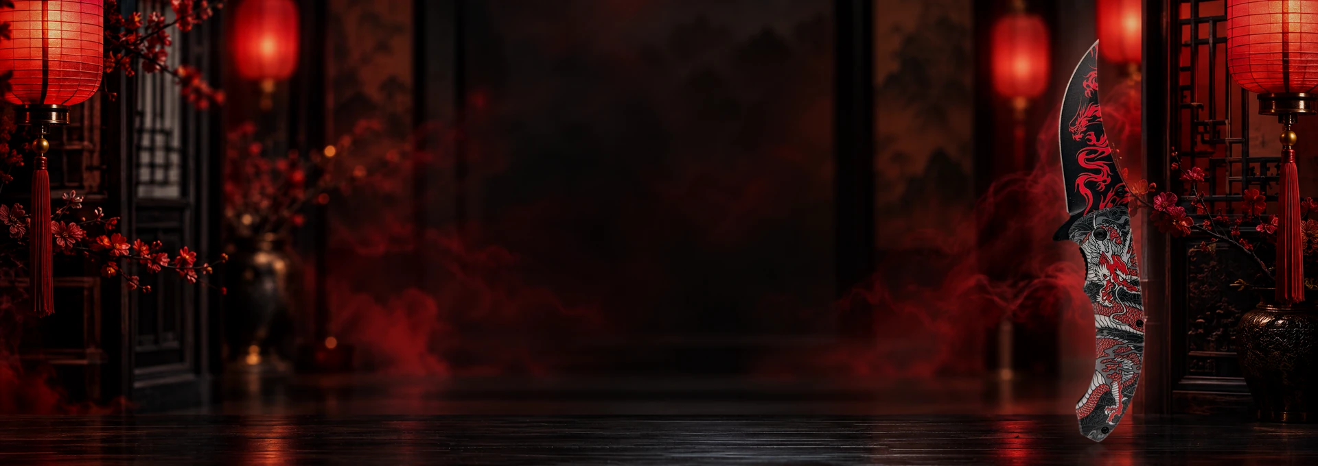 Red Dragon knife standing upright in a themed scene