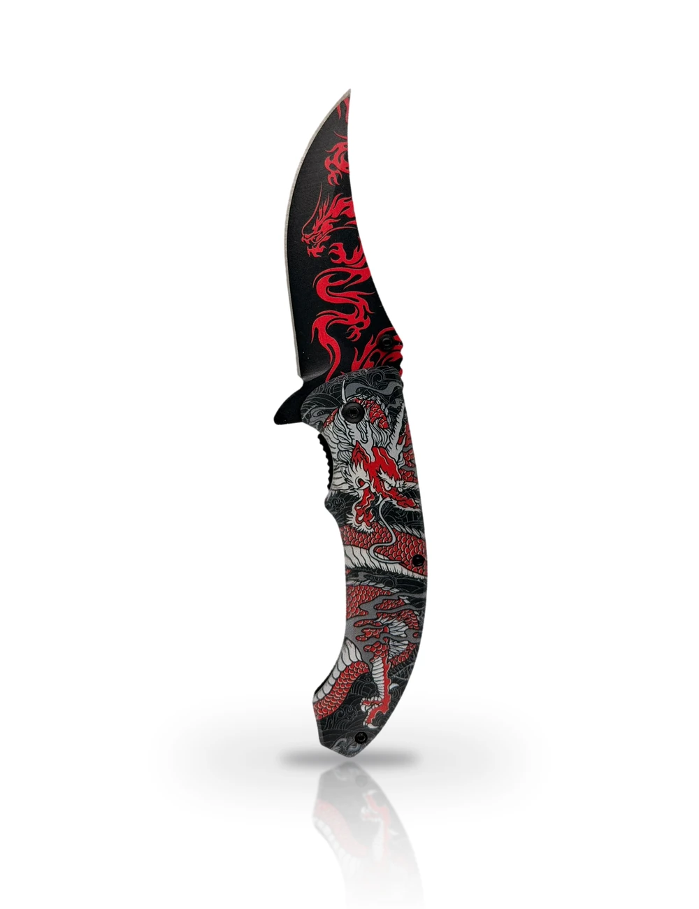 Red Dragon folding knife standing upright on white with a soft reflection