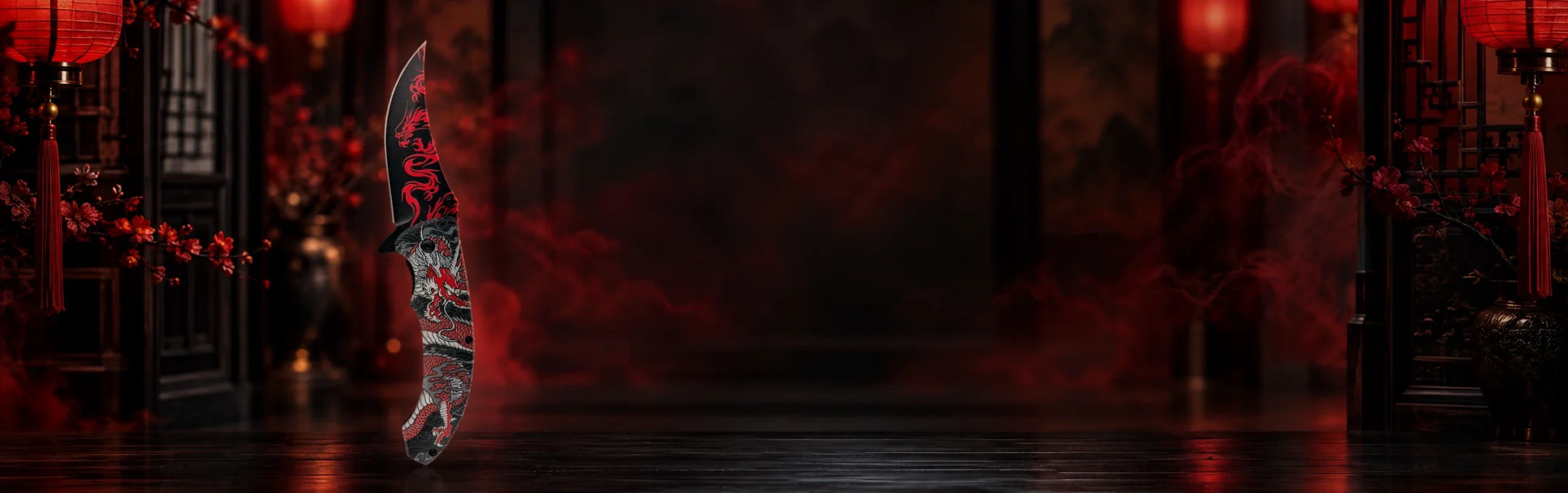Red Dragon knife standing upright in a themed scene
