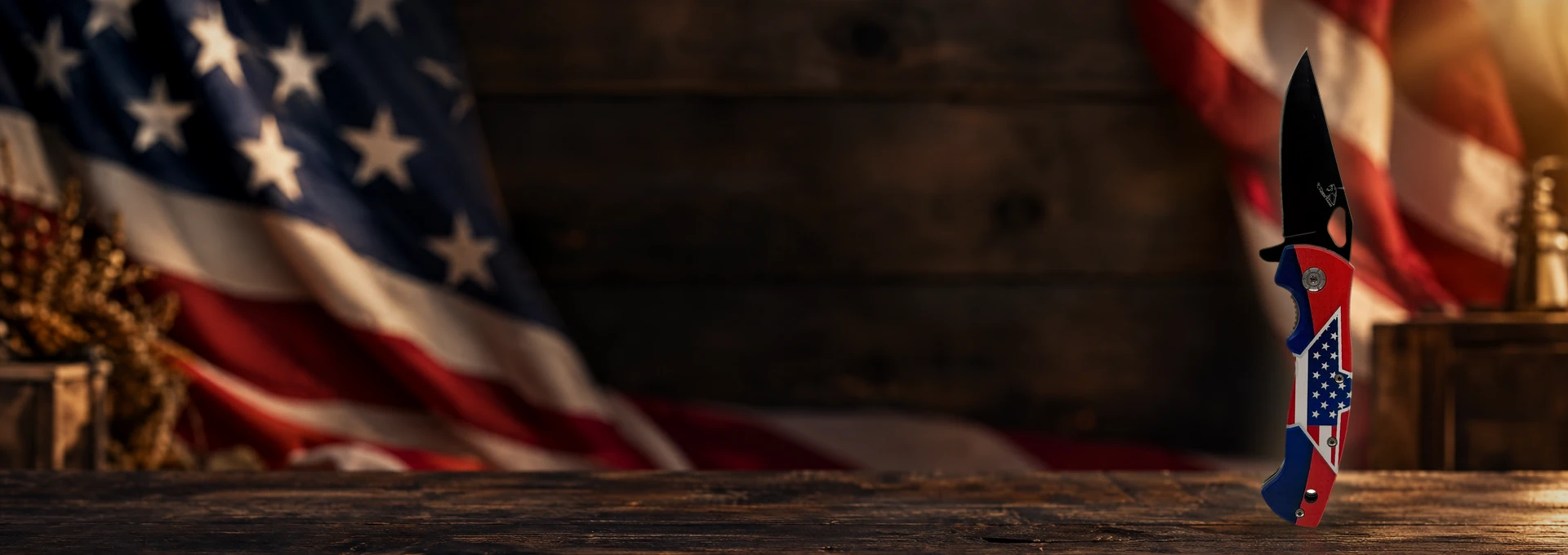 Stars & Stripes knife standing upright in a themed scene
