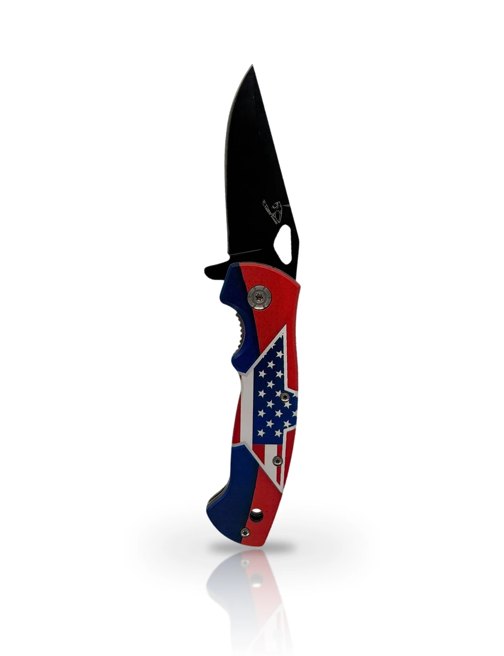 Stars & Stripes folding knife standing upright on white with a soft reflection