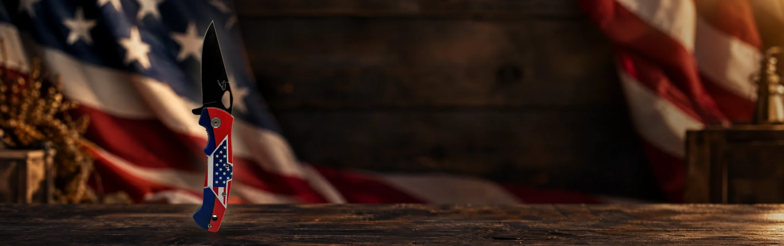 Stars & Stripes knife standing upright in a themed scene