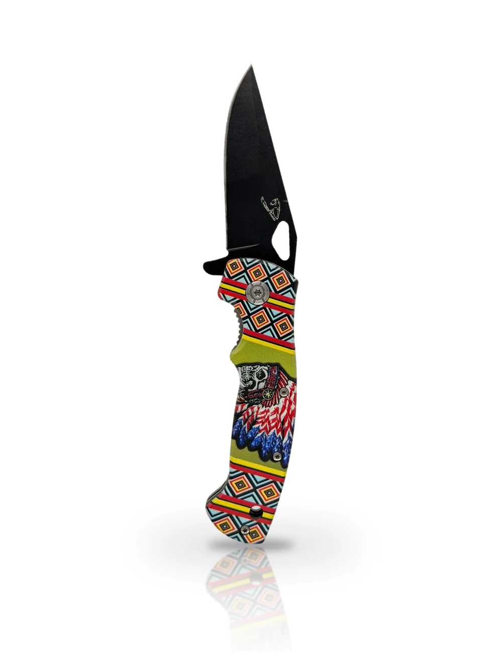 Feathered Skull folding knife standing upright on white with a soft reflection